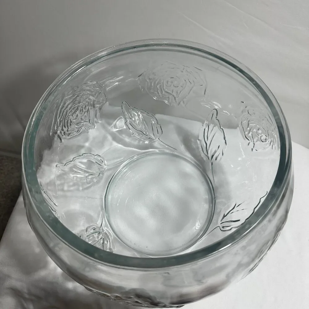 Punch Fruit Bowl Glass Clear Embossed Rose Design Party/Holiday Décor